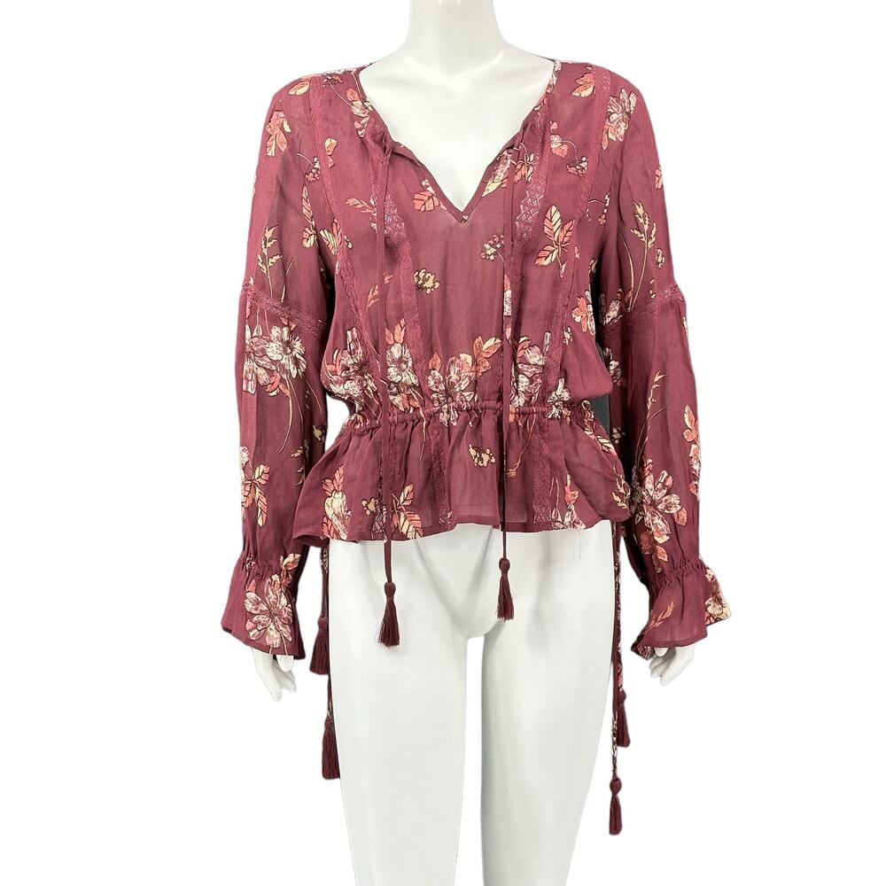 Astr the Label Top Womens‎ Medium Burgundy Floral Leaves Fall Boho Peasant Fairy